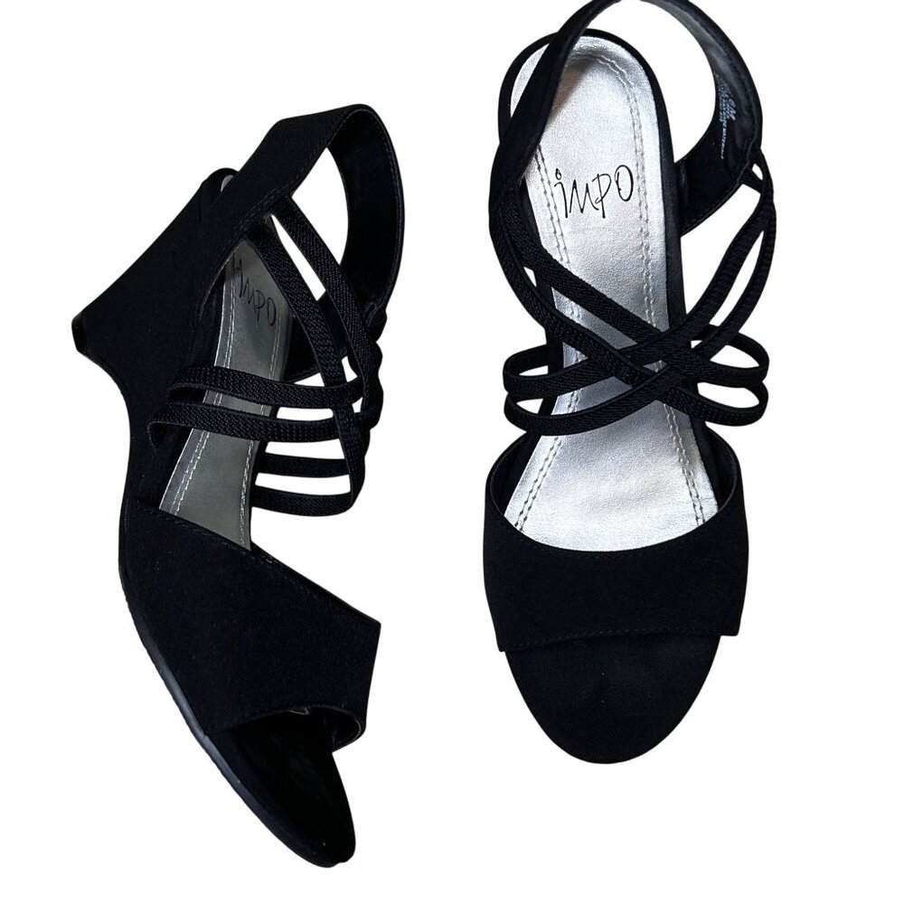Impo Black Strappy Wedge Sandals WOMEN'S 6M Open Toe Faux Suede Upper  IMPO-6